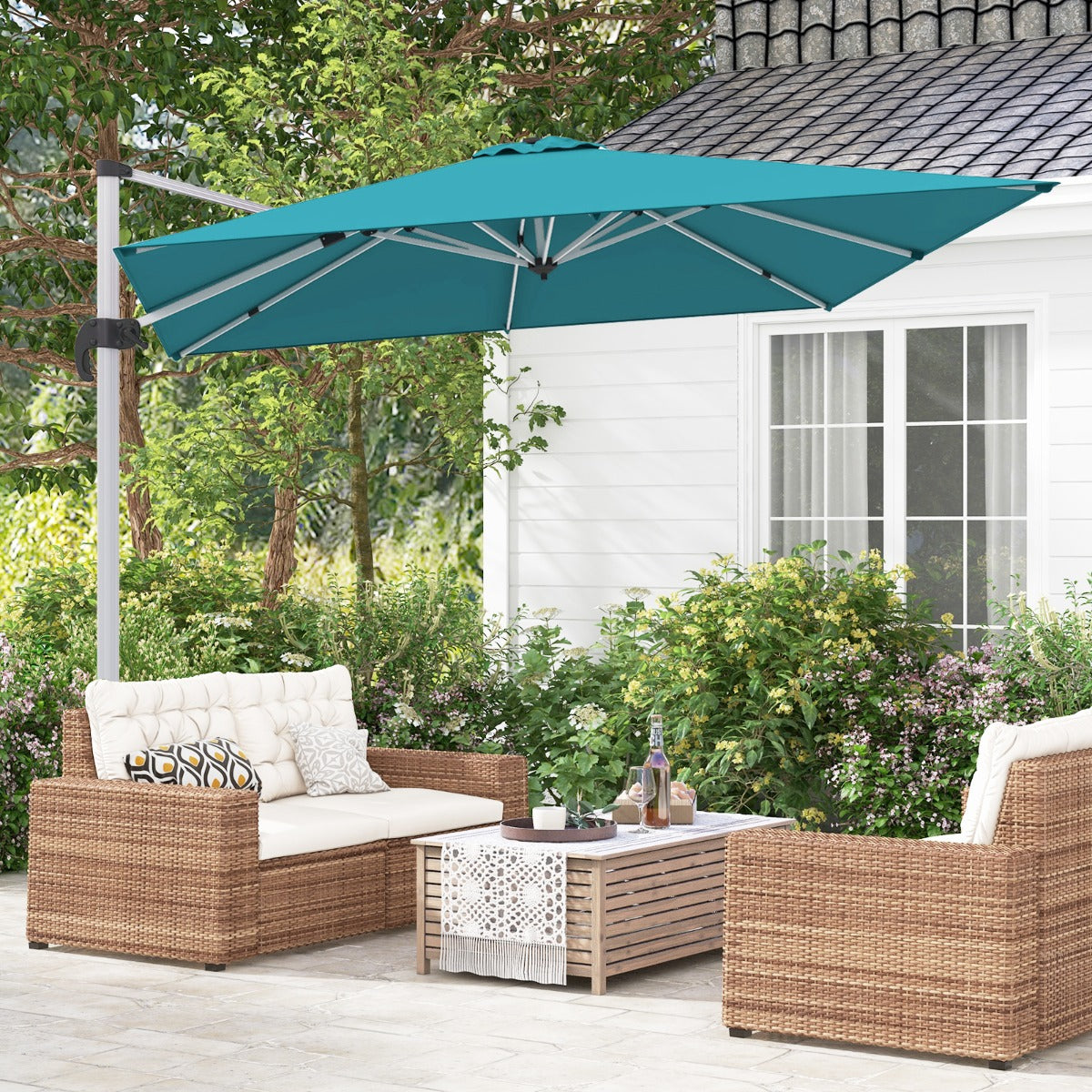 Sombrilla 3 m Cuadrada de Aluminio con Rotación de 360° Inclinación Ajustable Resistente al Viento para Patio Piscina Terraza Azul