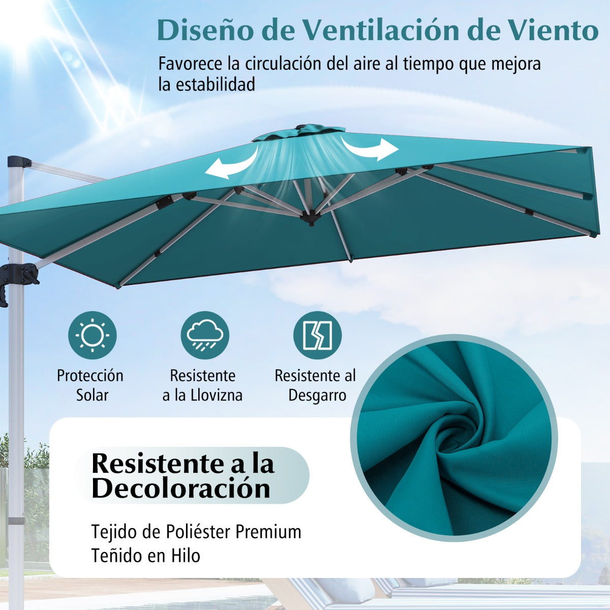 Sombrilla 3 m Cuadrada de Aluminio con Rotación de 360° Inclinación Ajustable Resistente al Viento para Patio Piscina Terraza Azul
