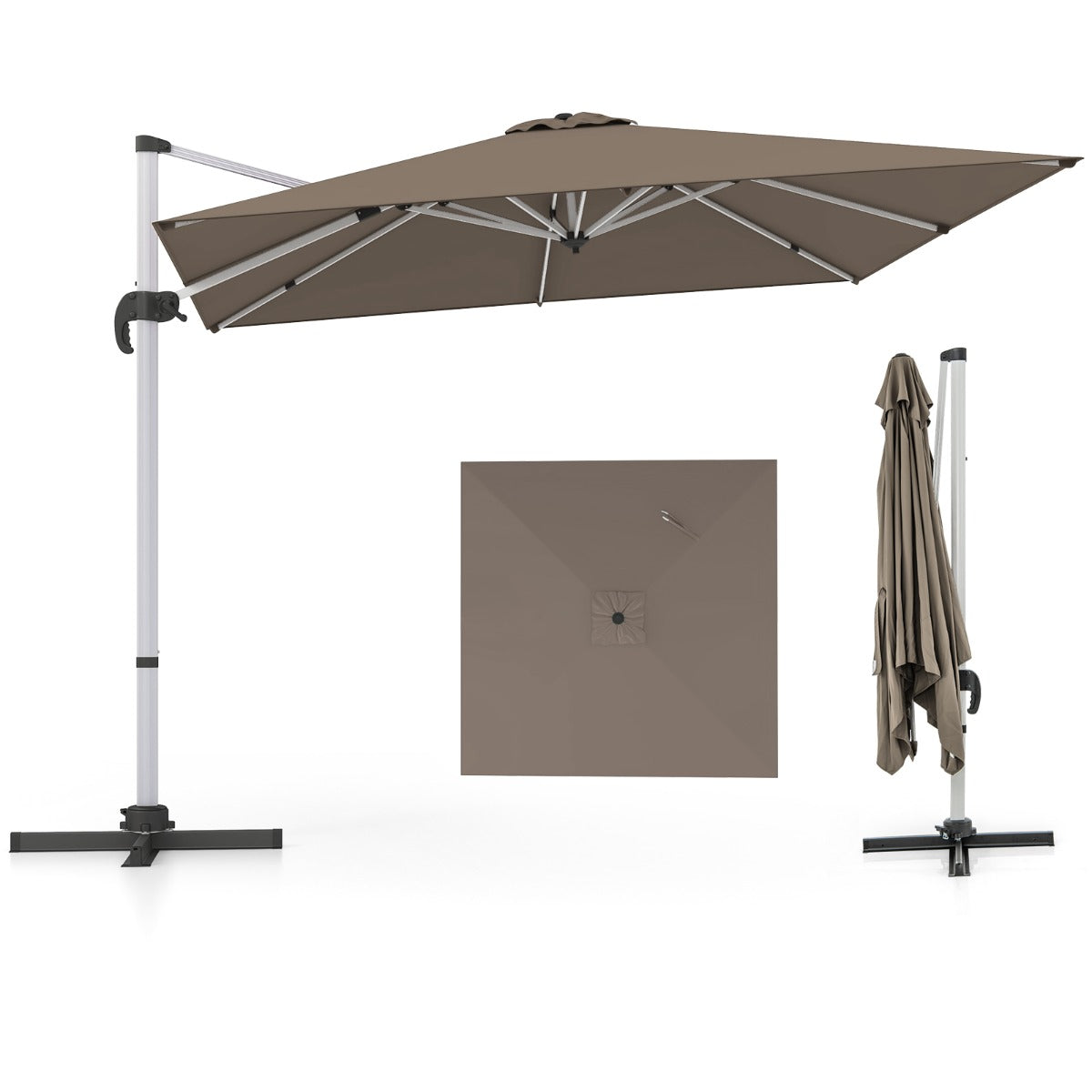 Sombrilla 3 m Cuadrada de Aluminio con Rotación de 360° Inclinación Ajustable Resistente al Viento para Patio Piscina Terraza Marrón