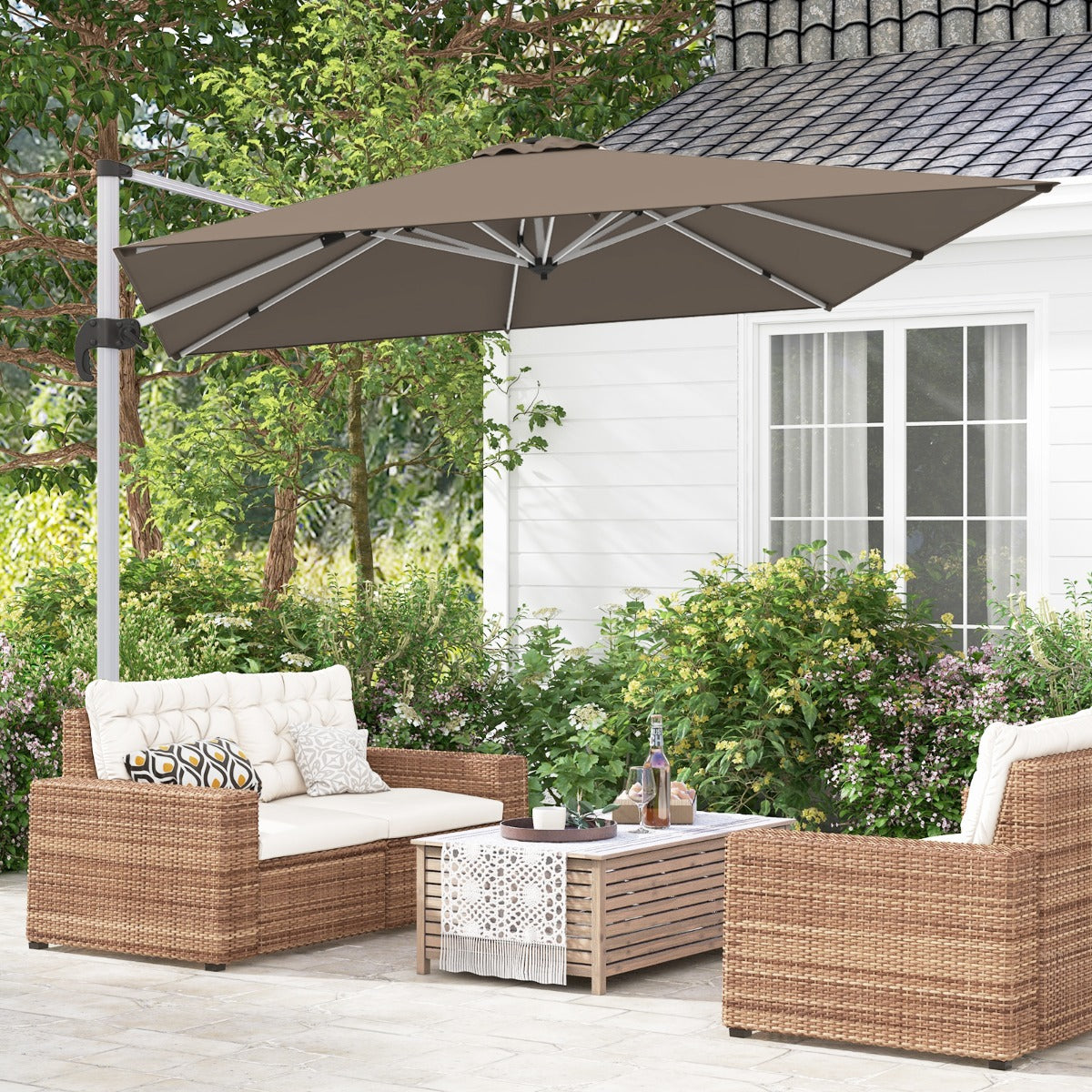 Sombrilla 3 m Cuadrada de Aluminio con Rotación de 360° Inclinación Ajustable Resistente al Viento para Patio Piscina Terraza Marrón