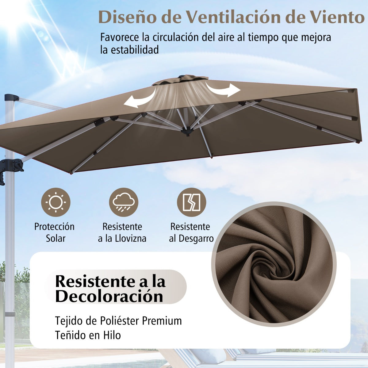 Sombrilla 3 m Cuadrada de Aluminio con Rotación de 360° Inclinación Ajustable Resistente al Viento para Patio Piscina Terraza Marrón