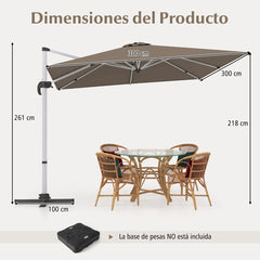 Sombrilla 3 m Cuadrada de Aluminio con Rotación de 360° Inclinación Ajustable Resistente al Viento para Patio Piscina Terraza Marrón