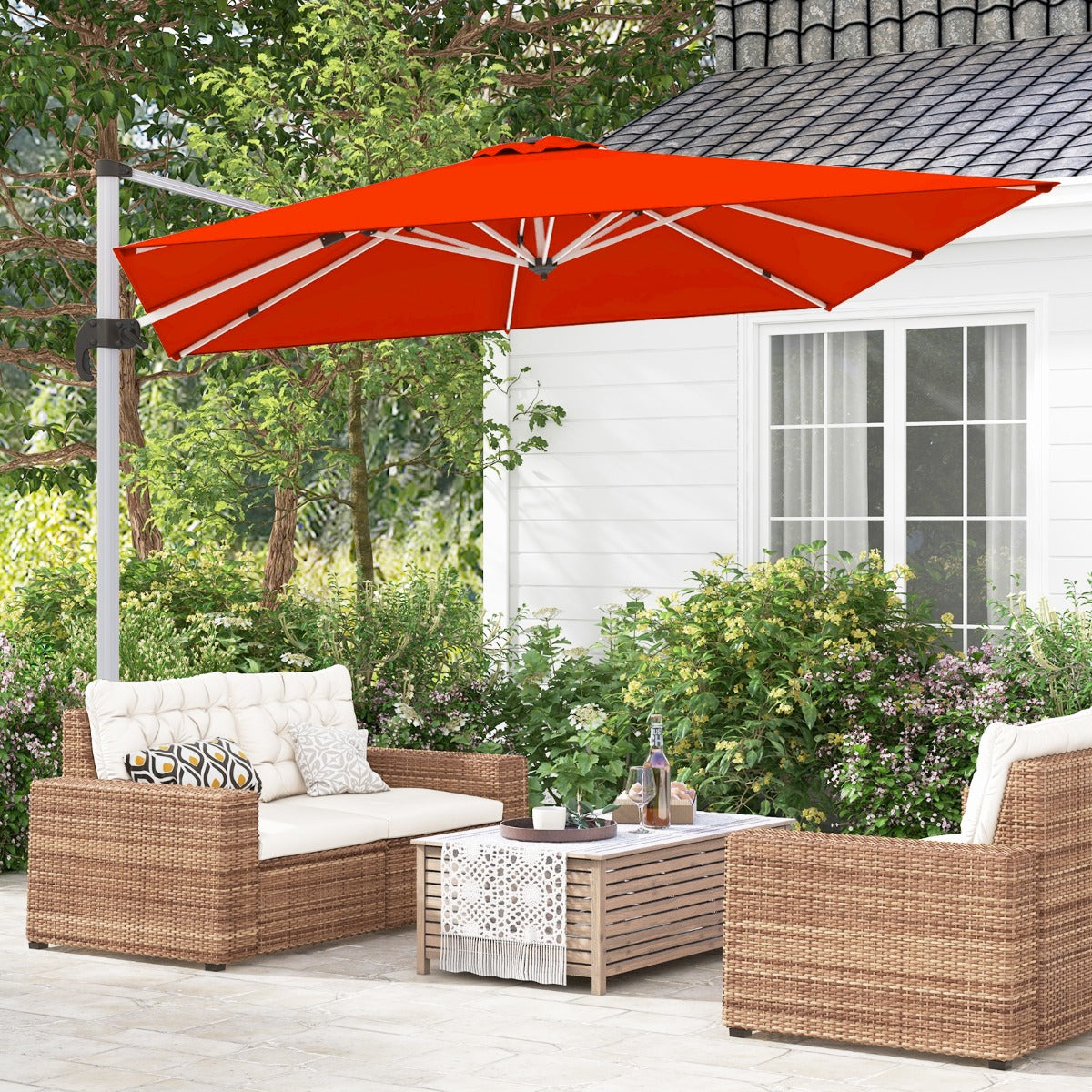 Sombrilla 3 m Cuadrada de Aluminio con Rotación de 360° Inclinación Ajustable Resistente al Viento para Patio Piscina Terraza Naranja