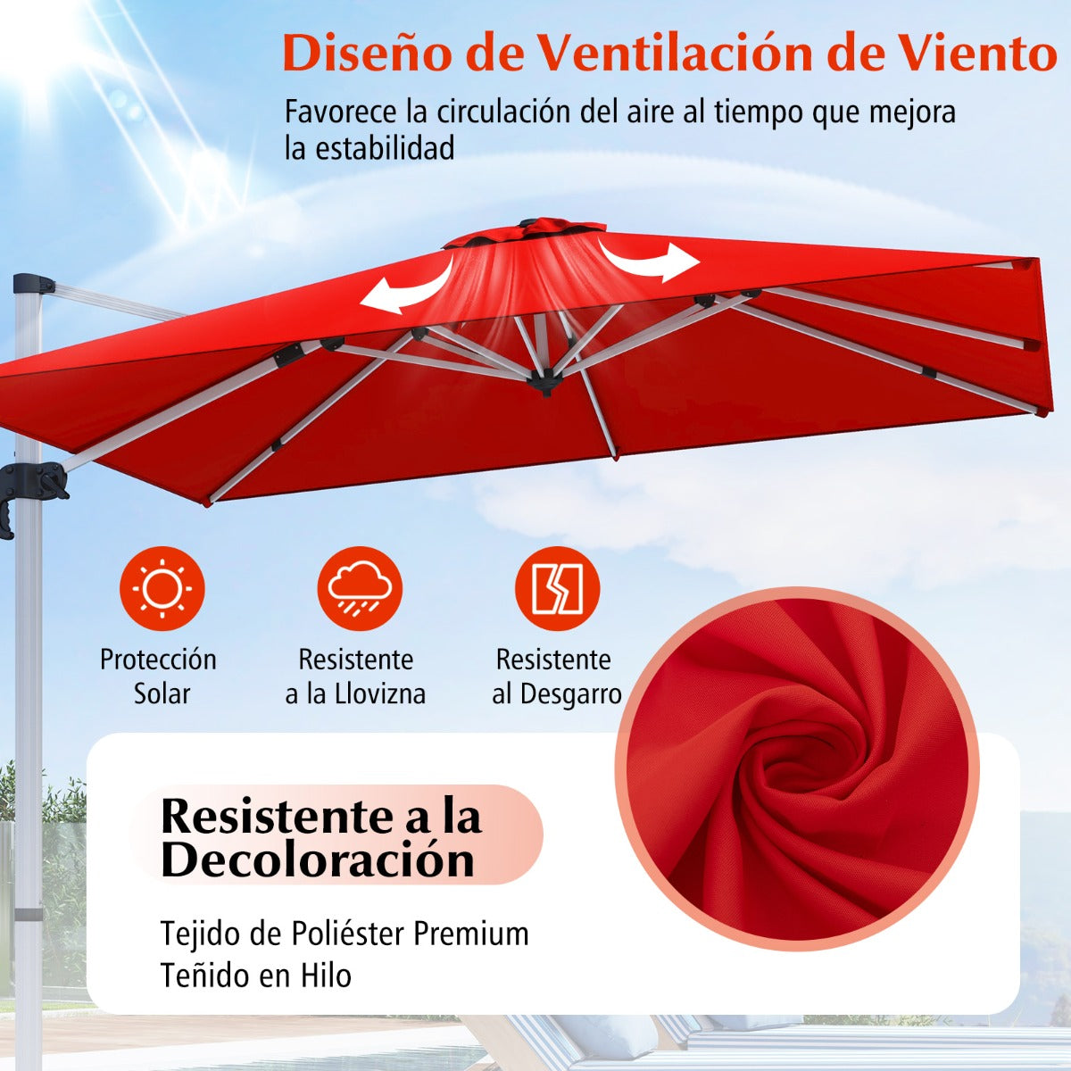 Sombrilla 3 m Cuadrada de Aluminio con Rotación de 360° Inclinación Ajustable Resistente al Viento para Patio Piscina Terraza Naranja
