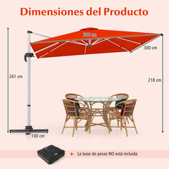 Sombrilla 3 m Cuadrada de Aluminio con Rotación de 360° Inclinación Ajustable Resistente al Viento para Patio Piscina Terraza Naranja