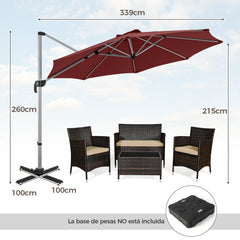 Sombrilla Redonda de Aluminio de 339 cm con Rotación de 360° Inclinación Ajustable Resistente al Viento para Patio Piscina Terraza Rojo