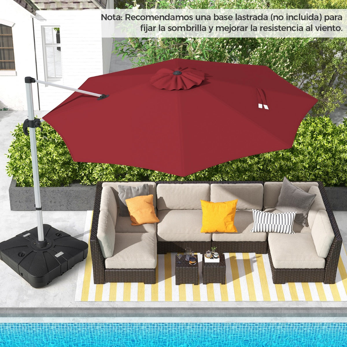 Sombrilla Redonda de Aluminio de 339 cm con Rotación de 360° Inclinación Ajustable Resistente al Viento para Patio Piscina Terraza Rojo