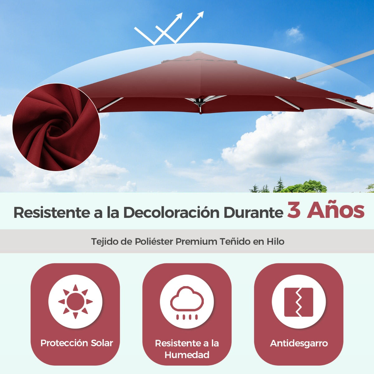 Sombrilla Redonda de Aluminio de 339 cm con Rotación de 360° Inclinación Ajustable Resistente al Viento para Patio Piscina Terraza Rojo