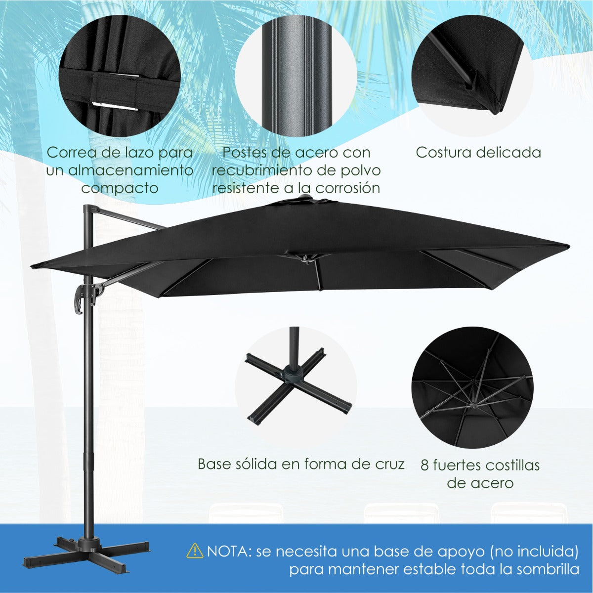 Sombrilla 300 cm para Patio con Manivela 3 Inclinaciones Rotación a 360° 8 Varillas Base Cruzada Parasol de Exterior Negro
