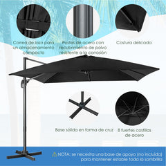 Sombrilla 300 cm para Patio con Manivela 3 Inclinaciones Rotación a 360° 8 Varillas Base Cruzada Parasol de Exterior Negro