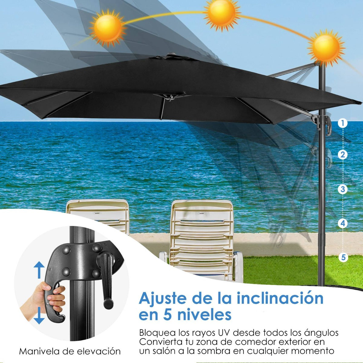 Sombrilla 300 cm para Patio con Manivela 3 Inclinaciones Rotación a 360° 8 Varillas Base Cruzada Parasol de Exterior Negro