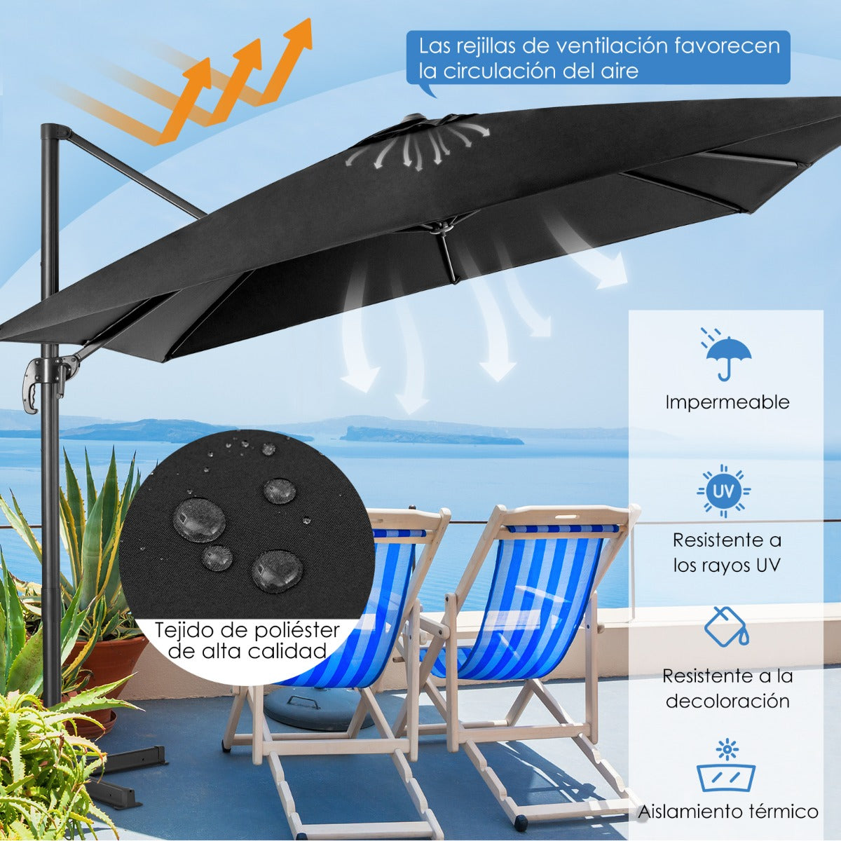 Sombrilla 300 cm para Patio con Manivela 3 Inclinaciones Rotación a 360° 8 Varillas Base Cruzada Parasol de Exterior Negro
