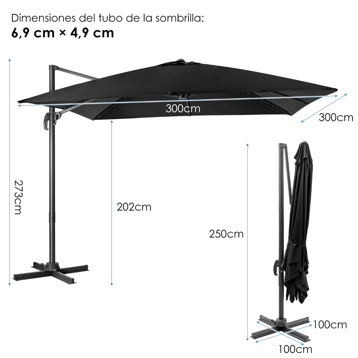 Sombrilla 300 cm para Patio con Manivela 3 Inclinaciones Rotación a 360° 8 Varillas Base Cruzada Parasol de Exterior Negro