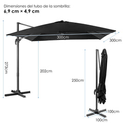 Sombrilla 300 cm para Patio con Manivela 3 Inclinaciones Rotación a 360° 8 Varillas Base Cruzada Parasol de Exterior Negro