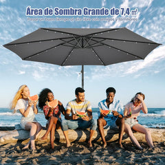 3 m Sombrilla con Manivela 32 Luces LED Panel Solar Parasol Base Saco de Arena Toldo Impermeable para Playa Patio Jardín Piscina Gris
