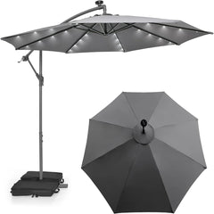 3 m Sombrilla con Manivela 32 Luces LED Panel Solar Parasol Base Saco de Arena Toldo Impermeable para Playa Patio Jardín Piscina Gris