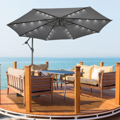 3 m Sombrilla con Manivela 32 Luces LED Panel Solar Parasol Base Saco de Arena Toldo Impermeable para Playa Patio Jardín Piscina Gris