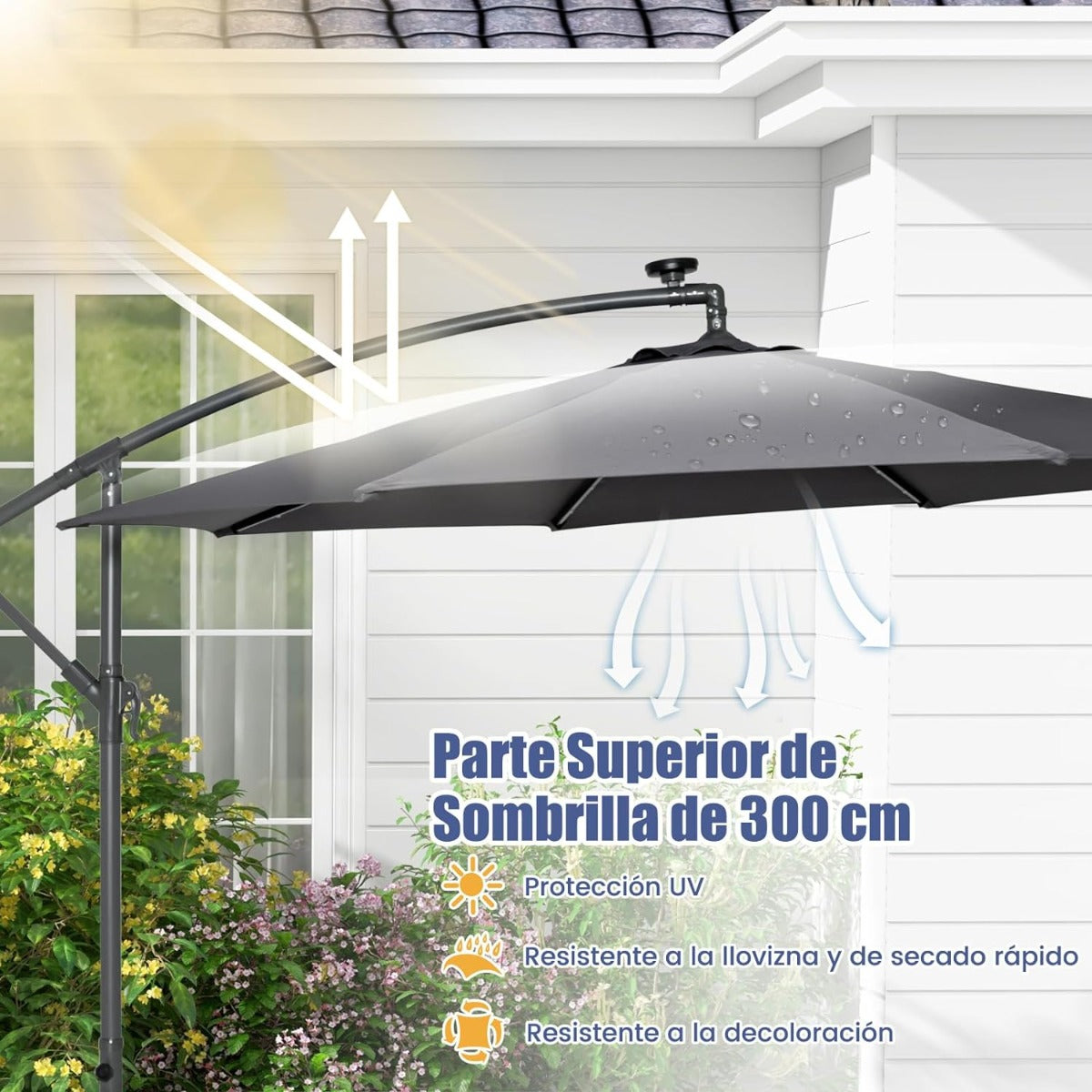 3 m Sombrilla con Manivela 32 Luces LED Panel Solar Parasol Base Saco de Arena Toldo Impermeable para Playa Patio Jardín Piscina Gris