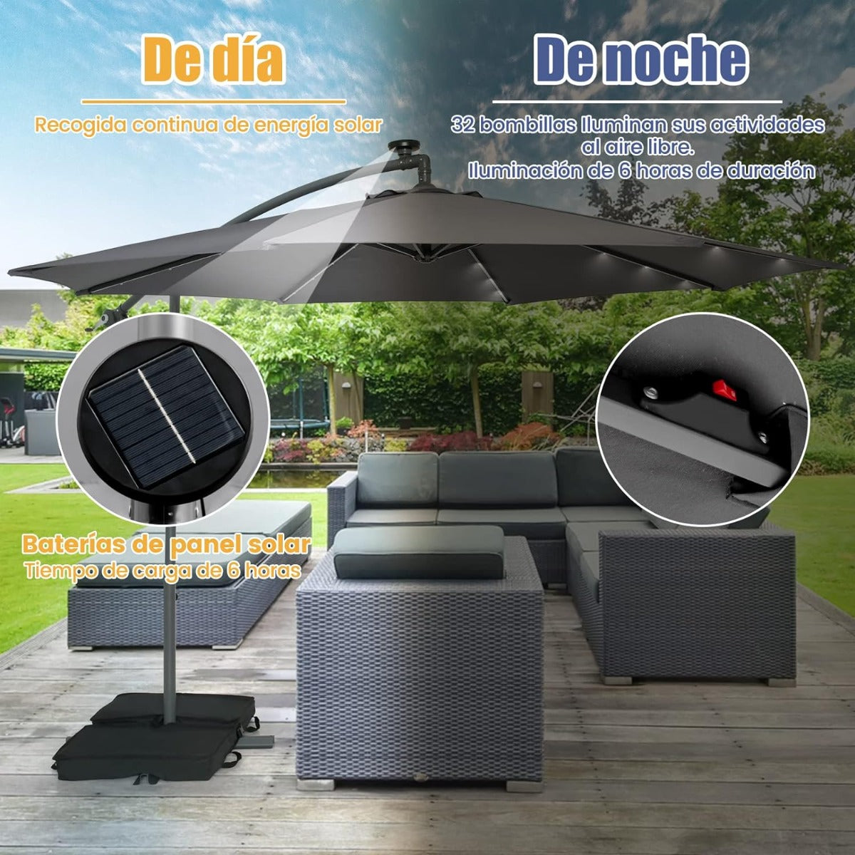 3 m Sombrilla con Manivela 32 Luces LED Panel Solar Parasol Base Saco de Arena Toldo Impermeable para Playa Patio Jardín Piscina Gris