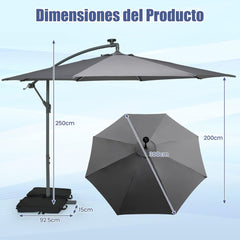 3 m Sombrilla con Manivela 32 Luces LED Panel Solar Parasol Base Saco de Arena Toldo Impermeable para Playa Patio Jardín Piscina Gris