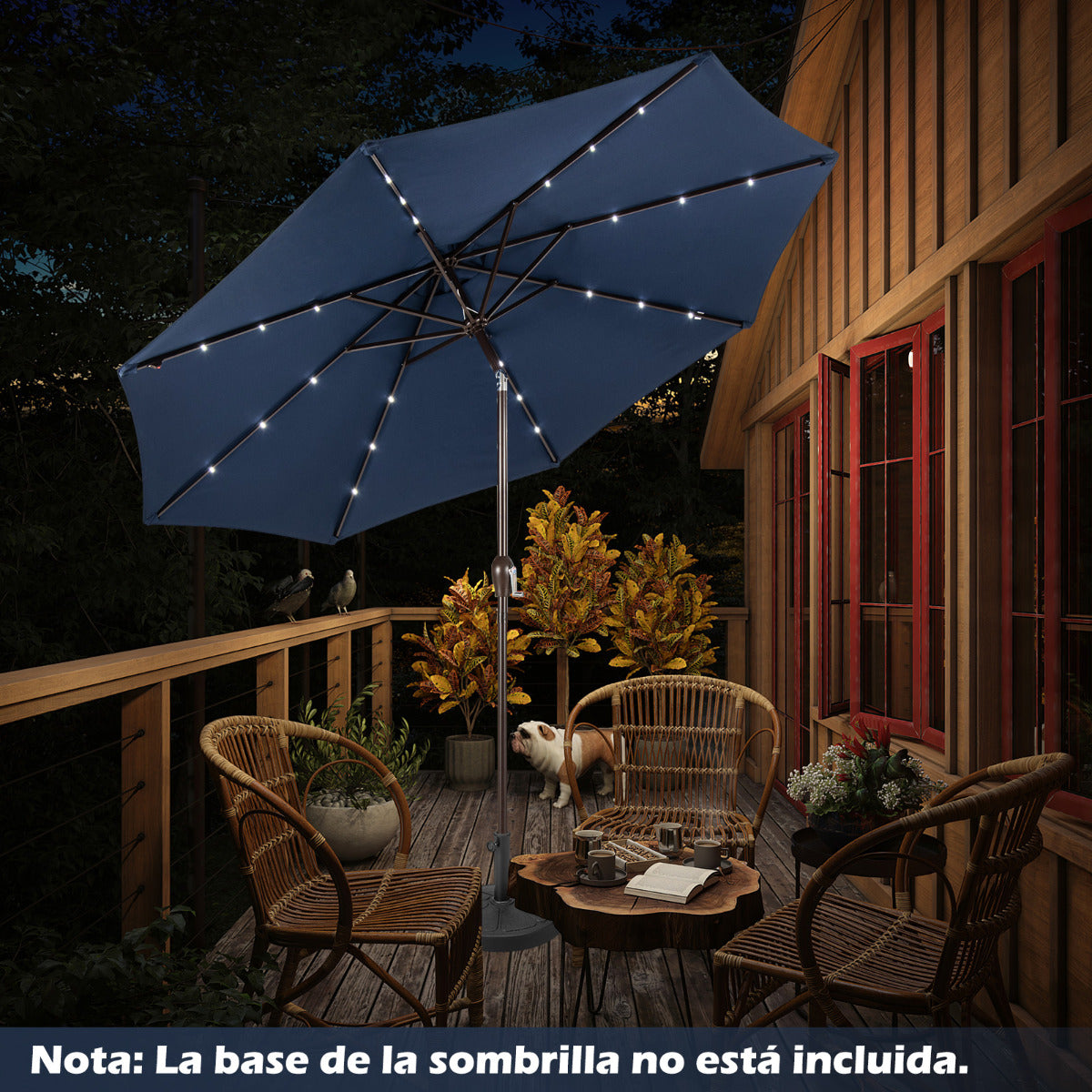 3M Sombrilla Solar de Playa Plegable con 24 Luces LED Parasol Inclinable con Manivela 8 Costillas para Jardín Patio Balcón Azul Marino