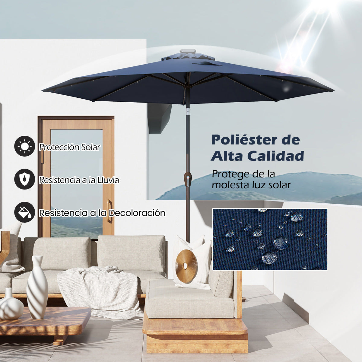 3M Sombrilla Solar de Playa Plegable con 24 Luces LED Parasol Inclinable con Manivela 8 Costillas para Jardín Patio Balcón Azul Marino