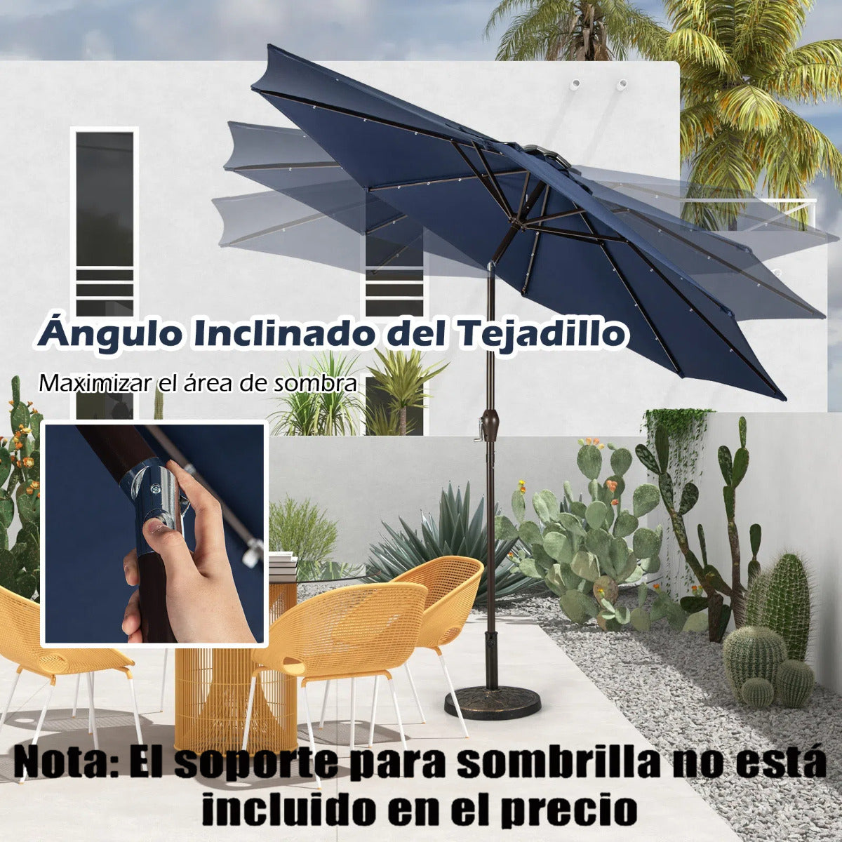 3M Sombrilla Solar de Playa Plegable con 24 Luces LED Parasol Inclinable con Manivela 8 Costillas para Jardín Patio Balcón Azul Marino