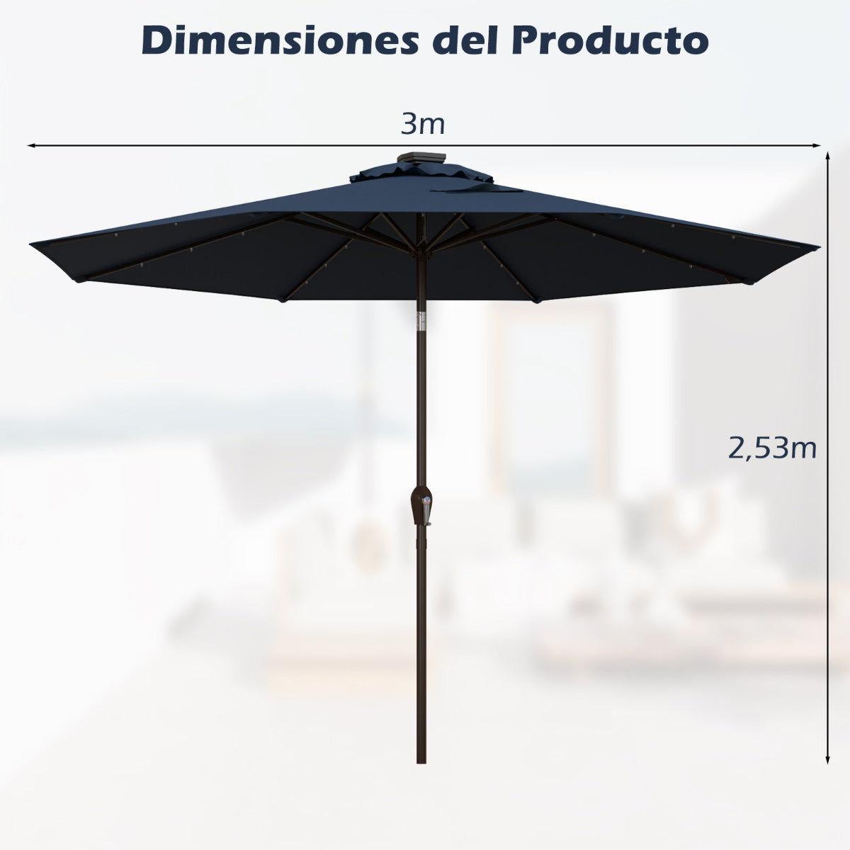 3M Sombrilla Solar de Playa Plegable con 24 Luces LED Parasol Inclinable con Manivela 8 Costillas para Jardín Patio Balcón Azul Marino