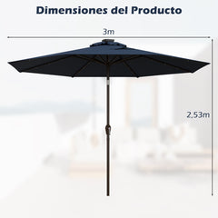 3M Sombrilla Solar de Playa Plegable con 24 Luces LED Parasol Inclinable con Manivela 8 Costillas para Jardín Patio Balcón Azul Marino