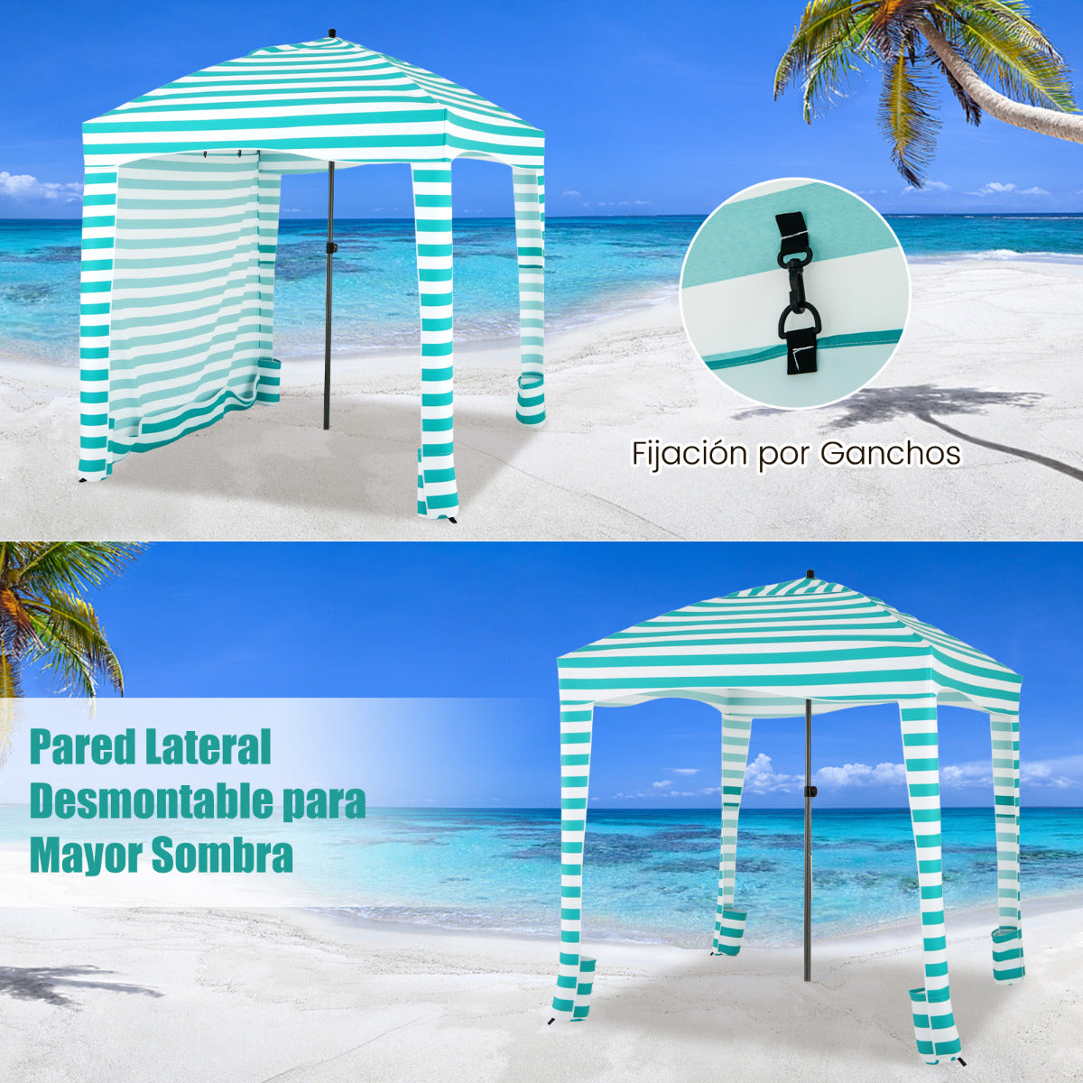 Sombrilla Playa Portátil con Pared Lateral Desmontable Bolsa de Transporte 8 Sacos de Arena Protección Solar para Exteriores 183 x 183 cm Verde
