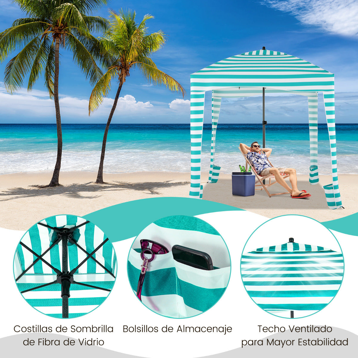 Sombrilla Playa Portátil con Pared Lateral Desmontable Bolsa de Transporte 8 Sacos de Arena Protección Solar para Exteriores 183 x 183 cm Verde
