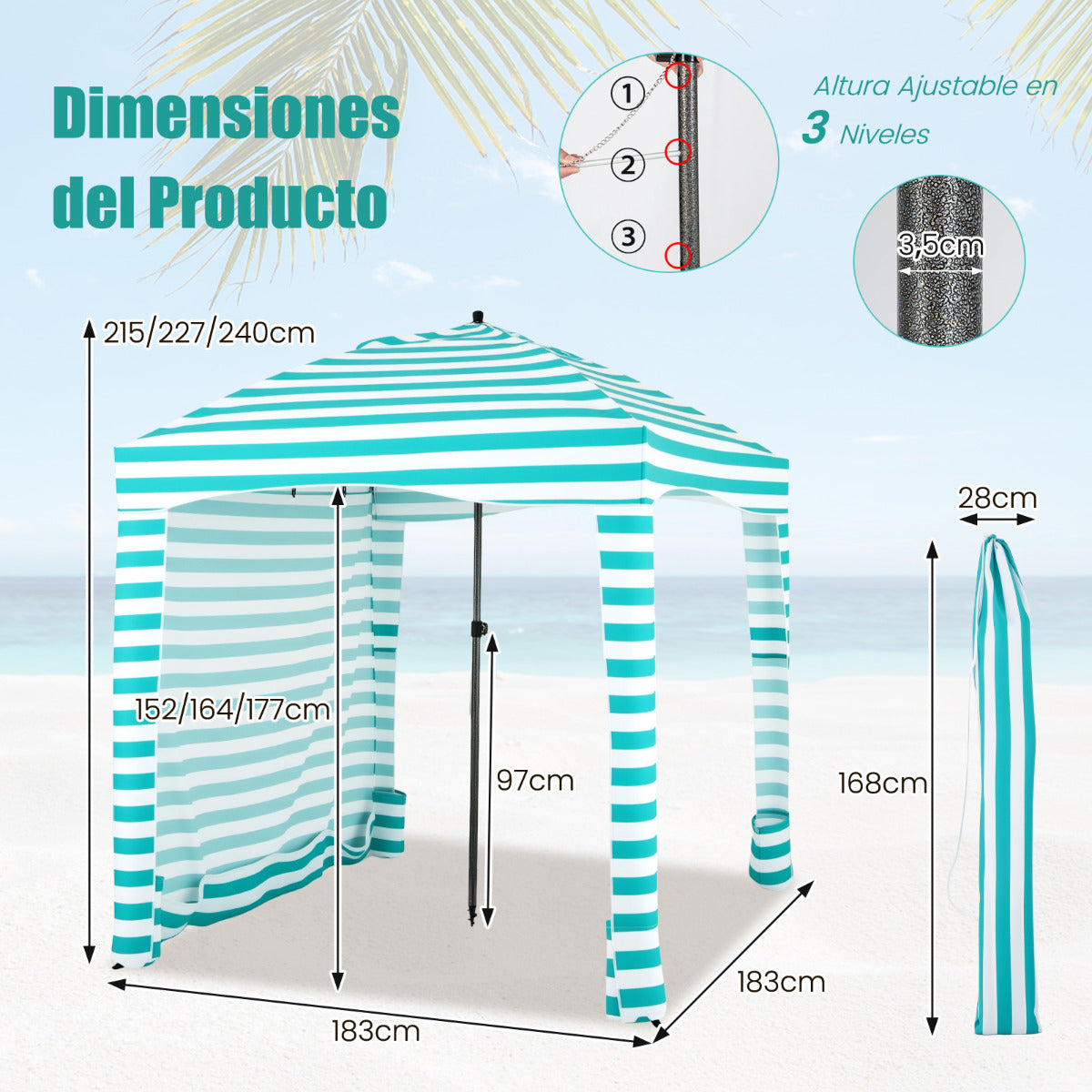 Sombrilla Playa Portátil con Pared Lateral Desmontable Bolsa de Transporte 8 Sacos de Arena Protección Solar para Exteriores 183 x 183 cm Verde