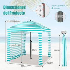 Sombrilla Playa Portátil con Pared Lateral Desmontable Bolsa de Transporte 8 Sacos de Arena Protección Solar para Exteriores 183 x 183 cm Verde