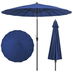Sombrilla Redonda de 265 cm con 18 Varillas de Fibra de Vidrio Botón de Inclinación Manivela Toldo de Aluminio para Patio Piscina Azul