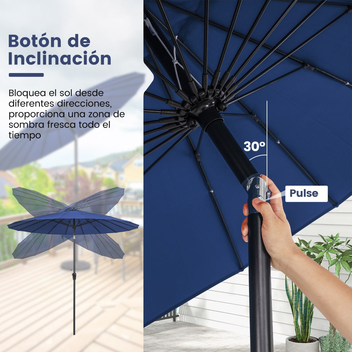 Sombrilla Redonda de 265 cm con 18 Varillas de Fibra de Vidrio Botón de Inclinación Manivela Toldo de Aluminio para Patio Piscina Azul