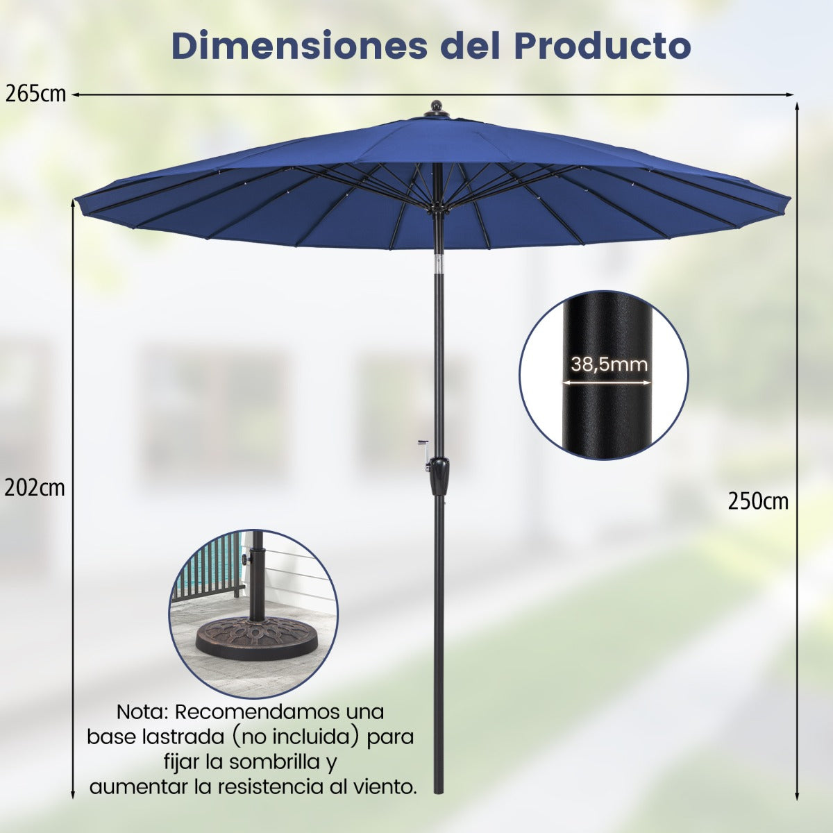 Sombrilla Redonda de 265 cm con 18 Varillas de Fibra de Vidrio Botón de Inclinación Manivela Toldo de Aluminio para Patio Piscina Azul