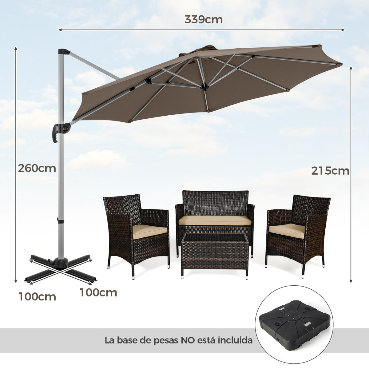 Sombrilla Redonda de Aluminio de 339 cm con Rotación de 360° Inclinación Ajustable Resistente Viento para Patio Piscina Terraza Marrón