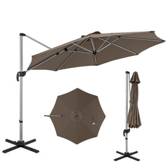 Sombrilla Redonda de Aluminio de 339 cm con Rotación de 360° Inclinación Ajustable Resistente Viento para Patio Piscina Terraza Marrón