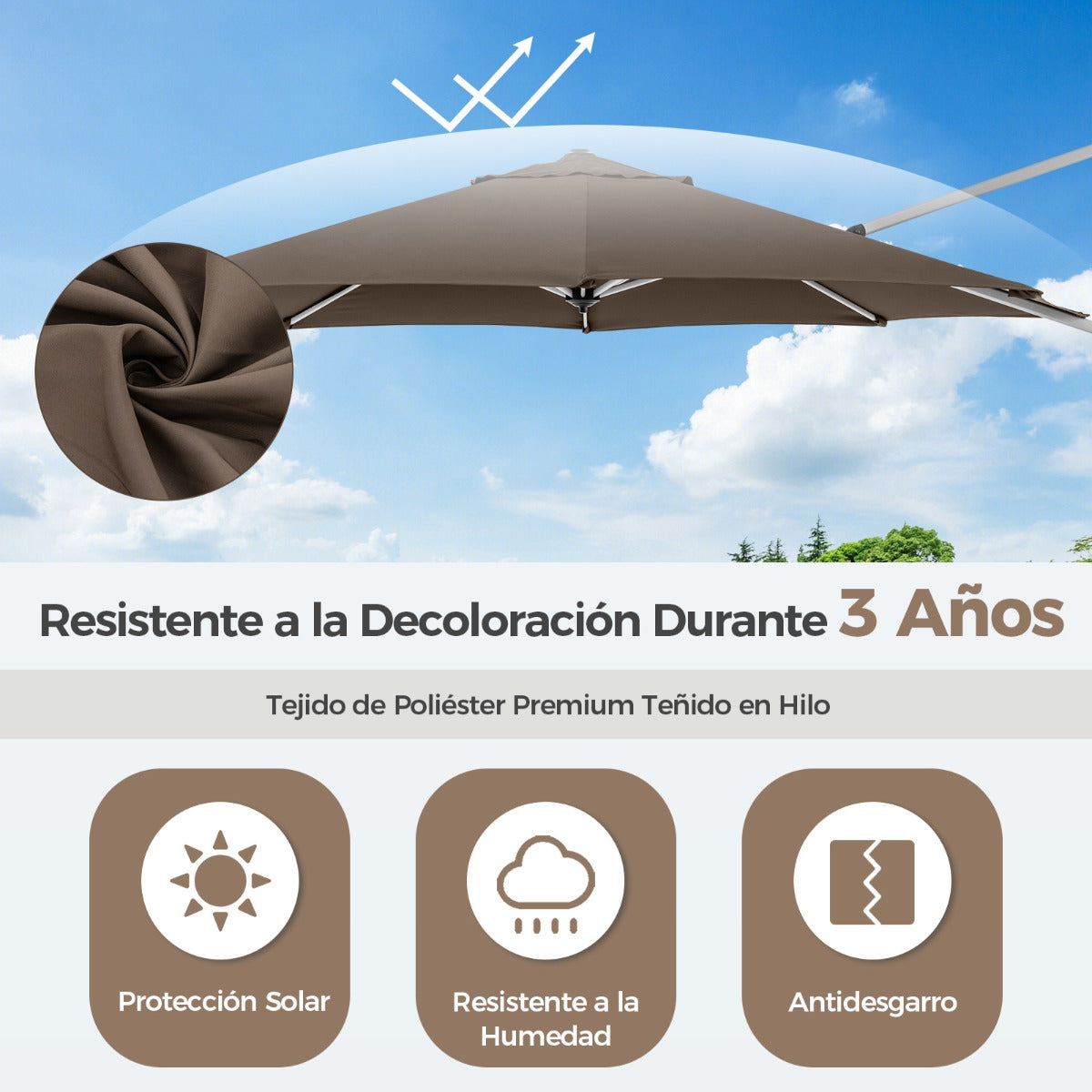 Sombrilla Redonda de Aluminio de 339 cm con Rotación de 360° Inclinación Ajustable Resistente Viento para Patio Piscina Terraza Marrón