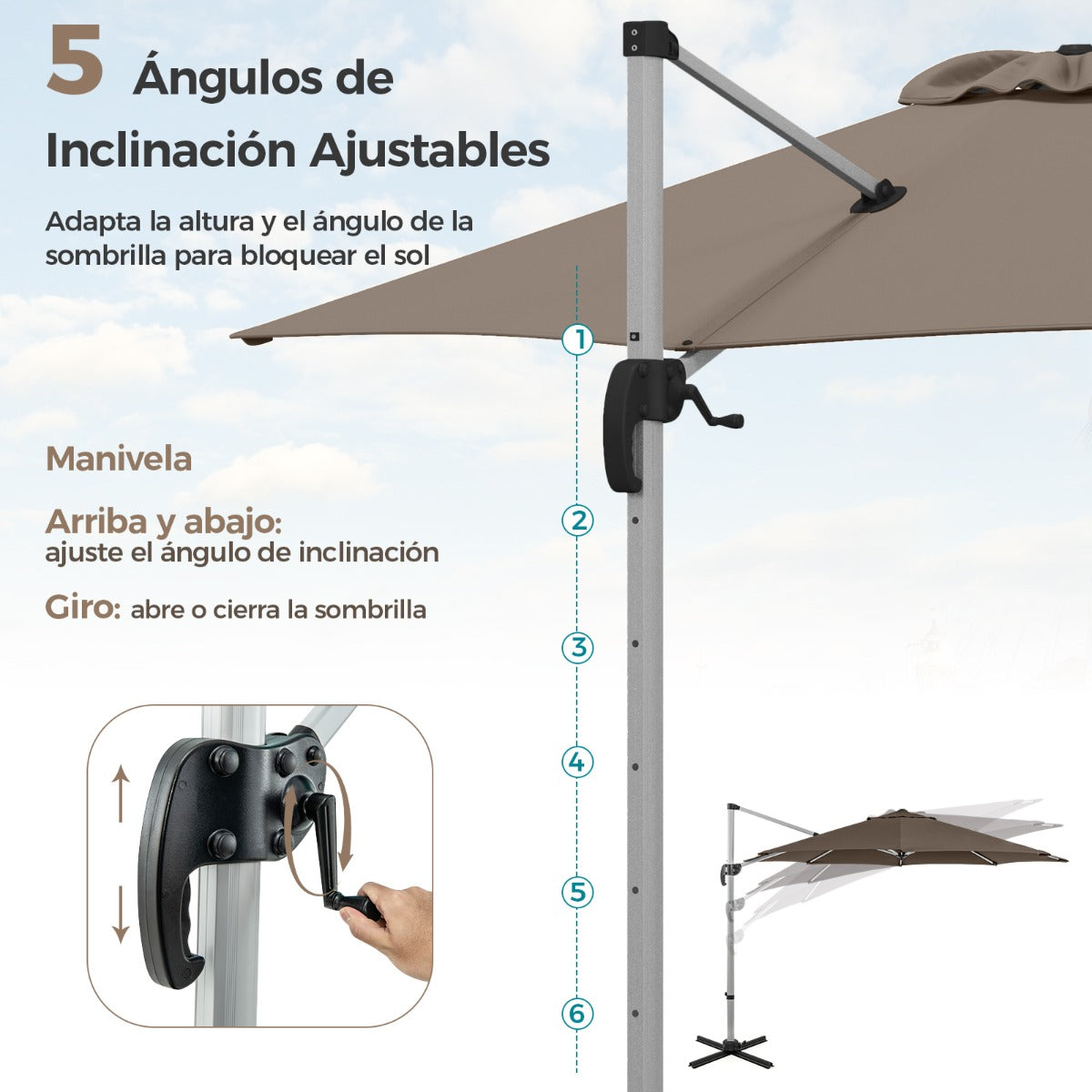 Sombrilla Redonda de Aluminio de 339 cm con Rotación de 360° Inclinación Ajustable Resistente Viento para Patio Piscina Terraza Marrón