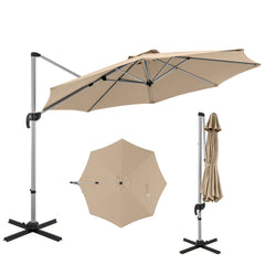 Sombrilla Redonda de Aluminio de 339 cm con Rotación de 360° Inclinación Ajustable Resistente Viento para Patio Piscina Terraza Beige