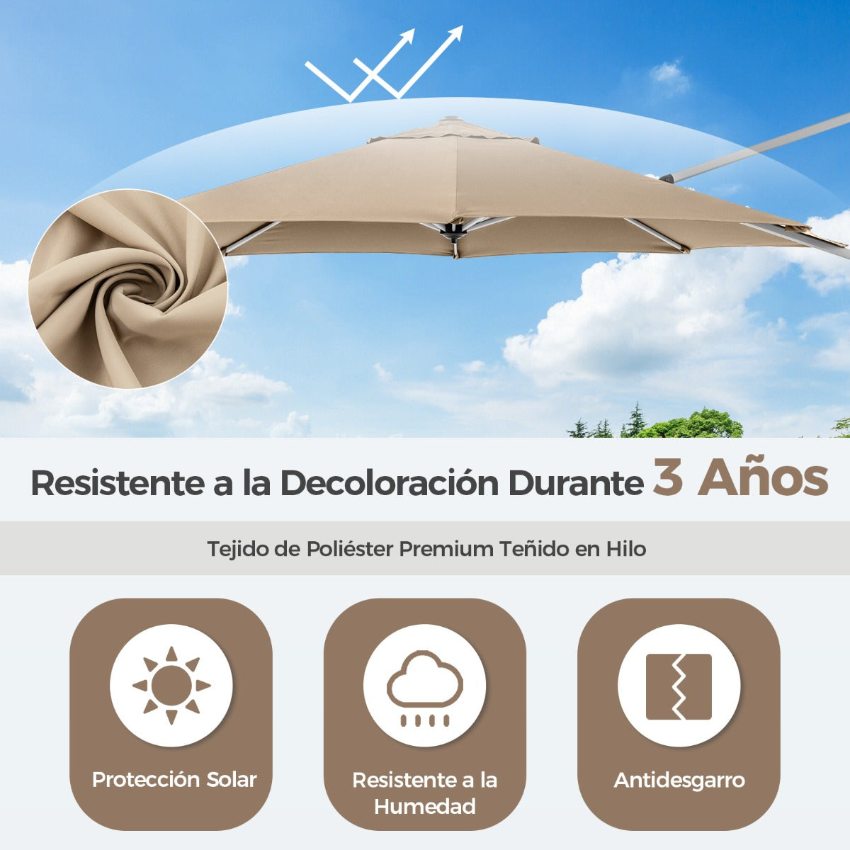 Sombrilla Redonda de Aluminio de 339 cm con Rotación de 360° Inclinación Ajustable Resistente Viento para Patio Piscina Terraza Beige