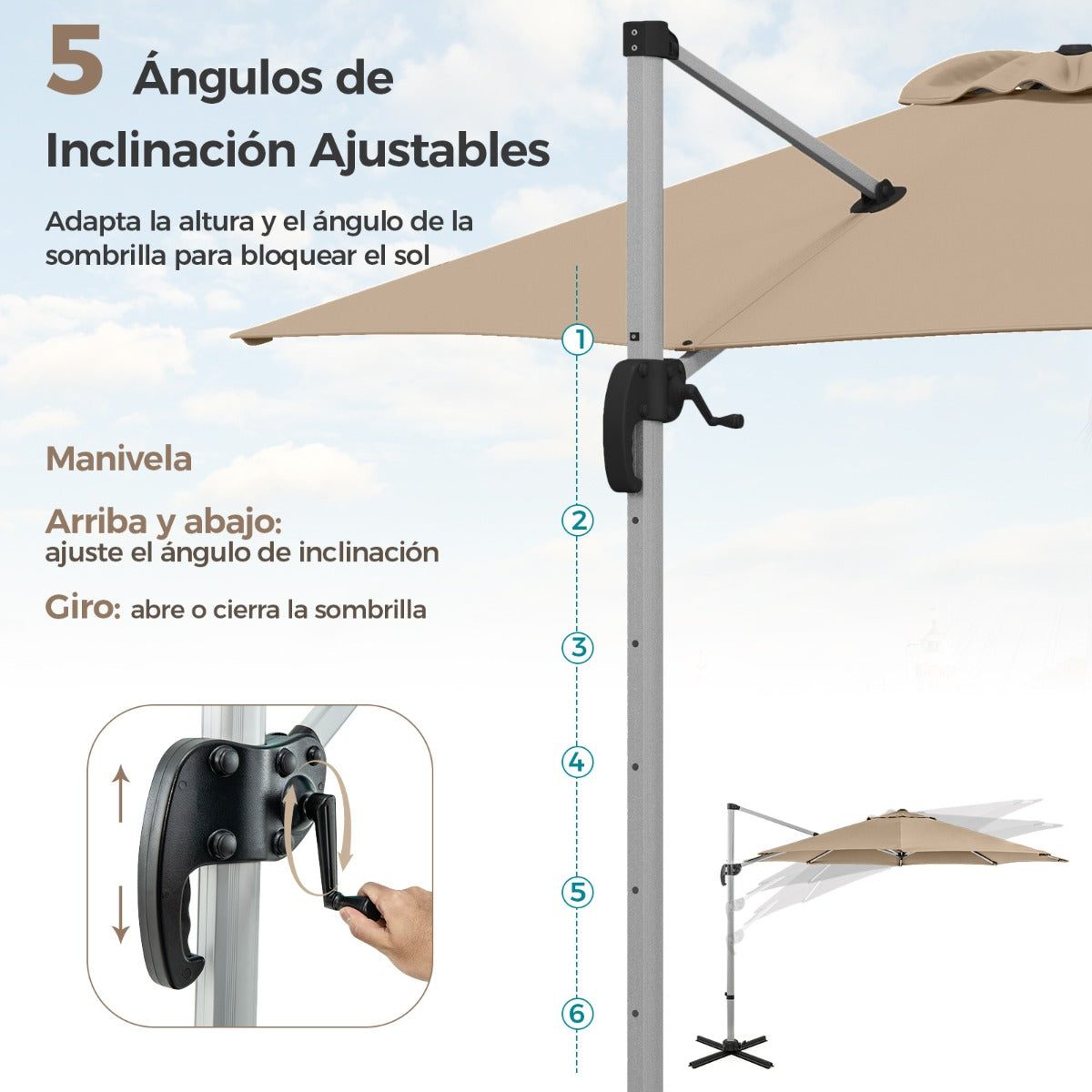 Sombrilla Redonda de Aluminio de 339 cm con Rotación de 360° Inclinación Ajustable Resistente Viento para Patio Piscina Terraza Beige