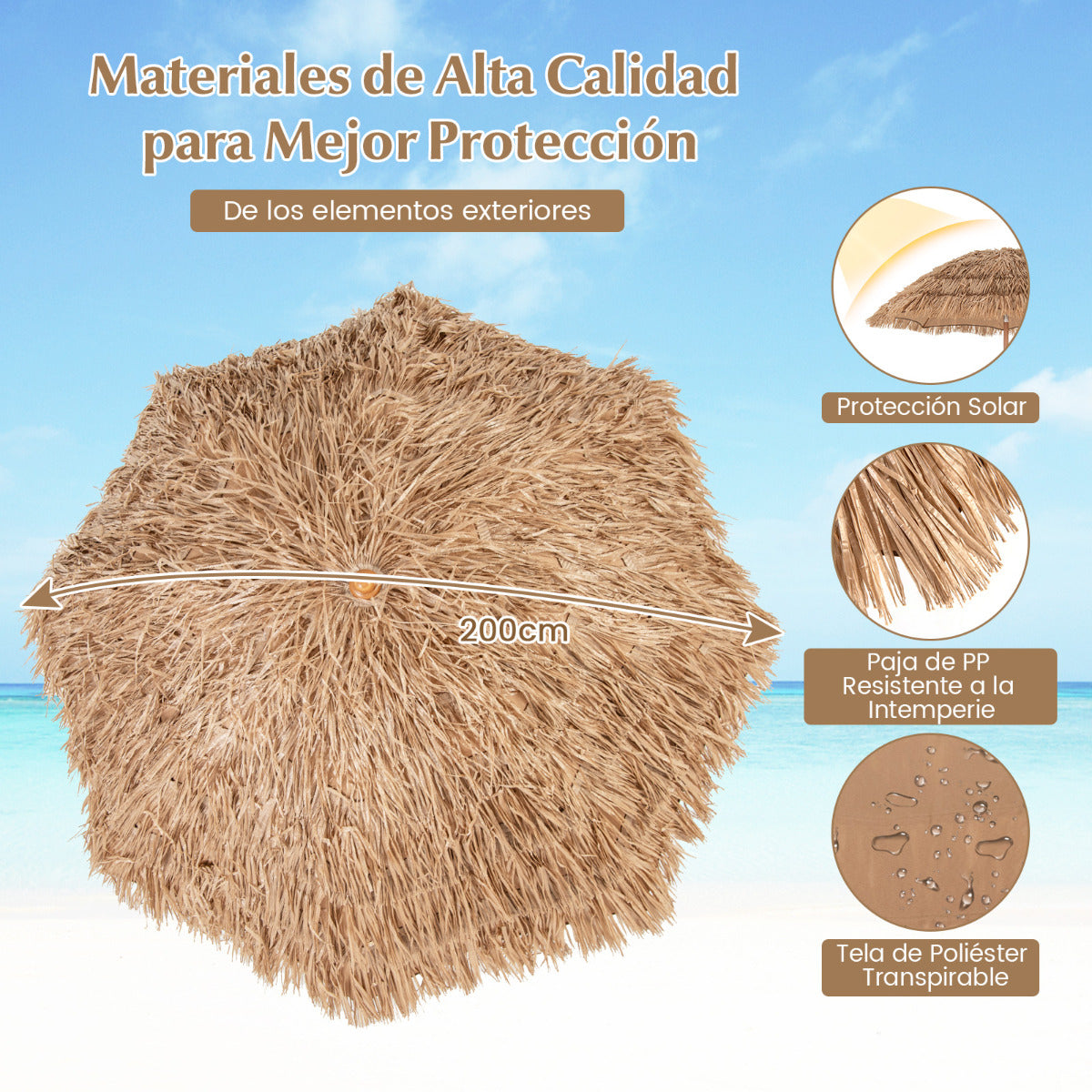Sombrilla Tiki de 200 CM con Base Plegable Sombrilla de Estilo Hawaiano para Playa con Botón de Inclinación Portátil para Exterior Jardín