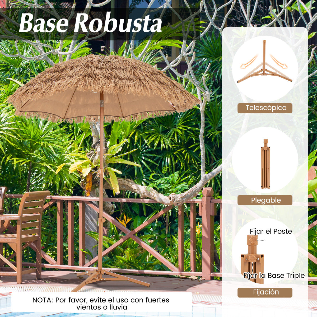Sombrilla Tiki de 200 CM con Base Plegable Sombrilla de Estilo Hawaiano para Playa con Botón de Inclinación Portátil para Exterior Jardín