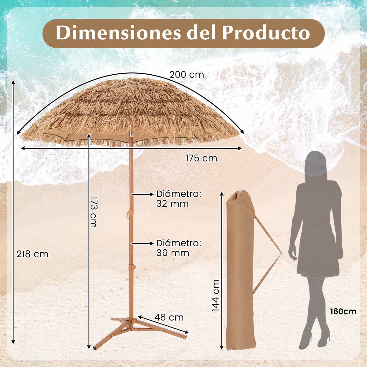 Sombrilla Tiki de 200 CM con Base Plegable Sombrilla de Estilo Hawaiano para Playa con Botón de Inclinación Portátil para Exterior Jardín