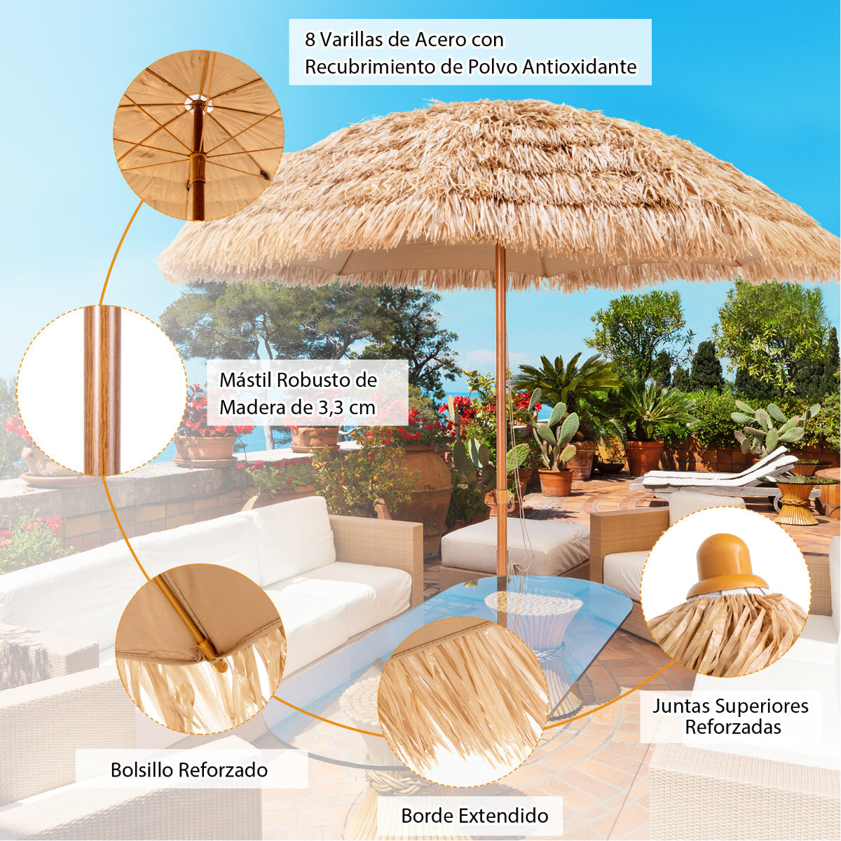 Sombrilla Tiki de Paja 205 cm Hawaiana con 8 Costillas de Metal Superior de 7 Niveles Portátil para Playa Patio Piscina Natural