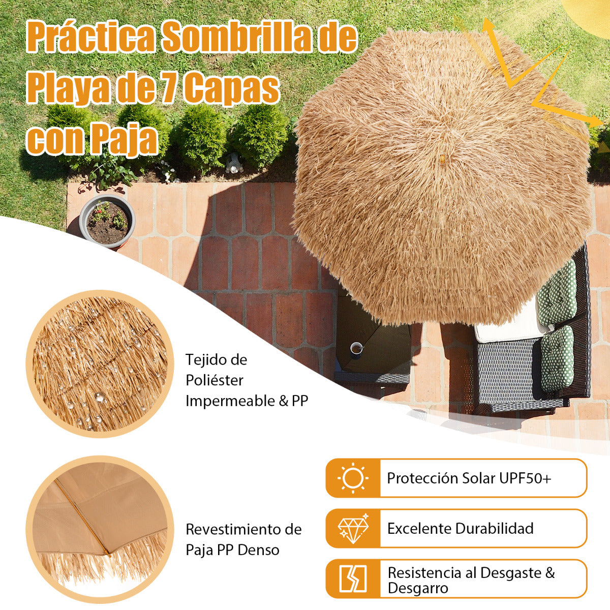 Sombrilla Tiki de Paja 205 cm Hawaiana con 8 Costillas de Metal Superior de 7 Niveles Portátil para Playa Patio Piscina Natural