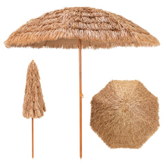 Sombrilla Tiki de Paja 205 cm Hawaiana con 8 Costillas de Metal Superior de 7 Niveles Portátil para Playa Patio Piscina Natural