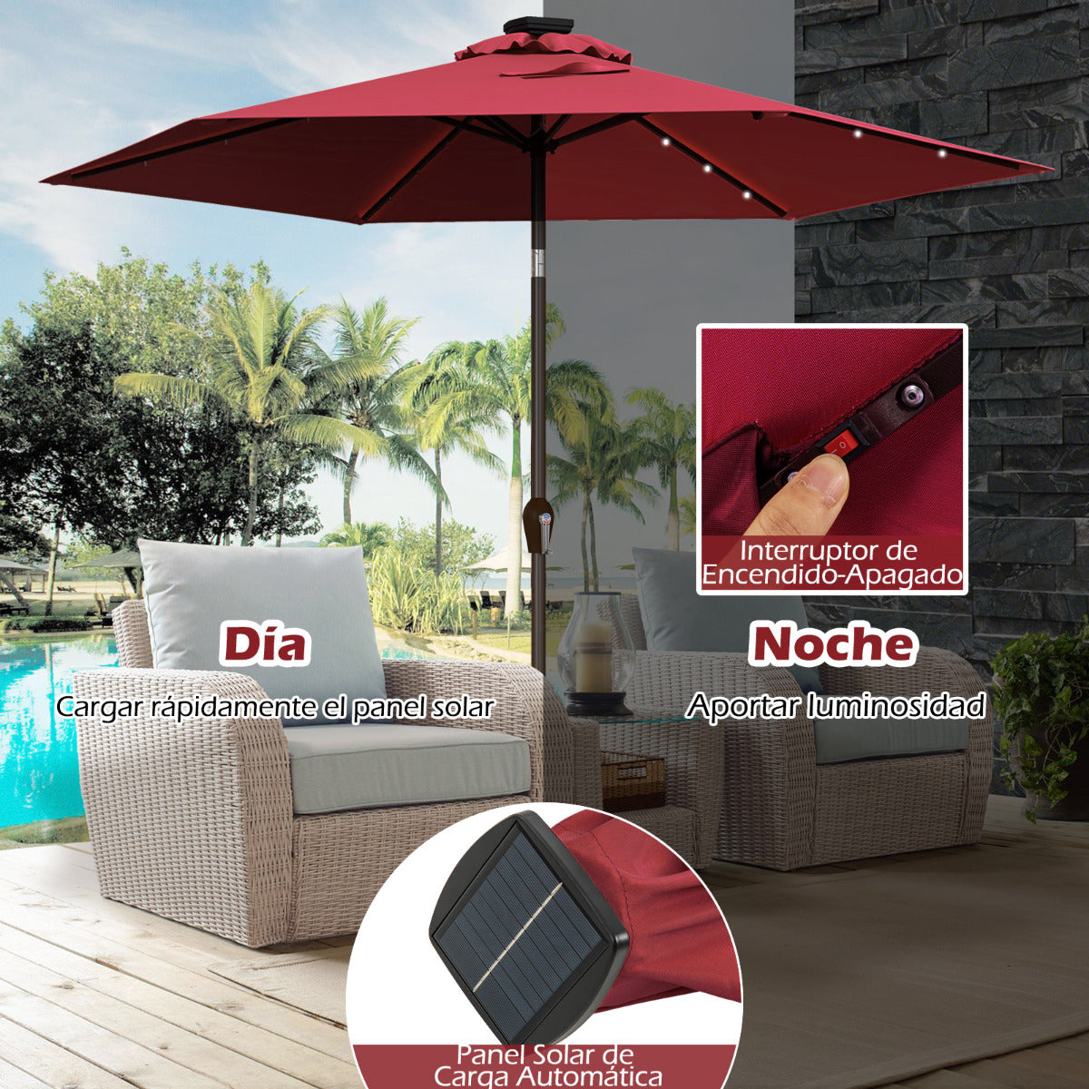 Paraguas con luces de jardín LED en hierro de Ø270 cm Parasol exterior Rojo vino